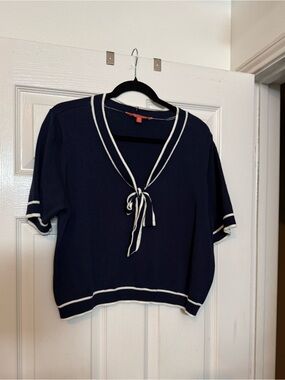 Modcloth Navy Sailor Tie-Front Knit Top with White Trim